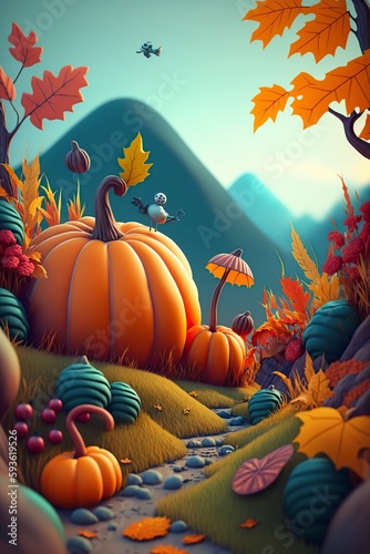 cartoon illustration, autumn harvest, thanksgiving concept, generative ai