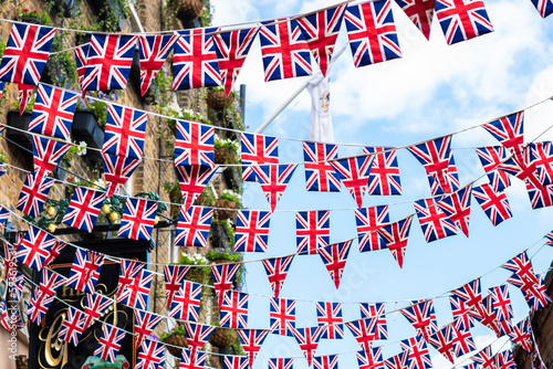 Union Jack flags hanging ready to national holiday celebration