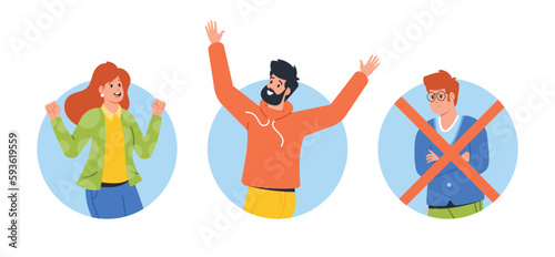 Crossed Out Of The Society Isolated Round Icons Or Avatars. Sad Male Character With Cross Feel Lonely And Uncomfortable