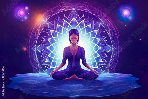 Eine Person in einer meditativen Pose auf einer Yoga-Matte mit geschlossenen Augen und symbolischen Elementen im Hintergrund, was die Verbindung von Yoga und Esoterik darstellt. (Generative AI) photo