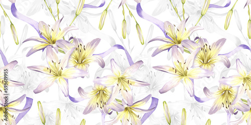Seamless pattern of white lilies with purple ribbon. Summer flowers. Hand drawn watercolor illustration for packaging design, wallpaper, textile.