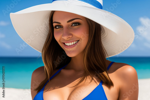 Happy young caucasian woman beach portrait. Pretty beauty face of woman in bikini relaxing outside, spa, travel and vacation concept. Generative Ai.  © SOLOTU