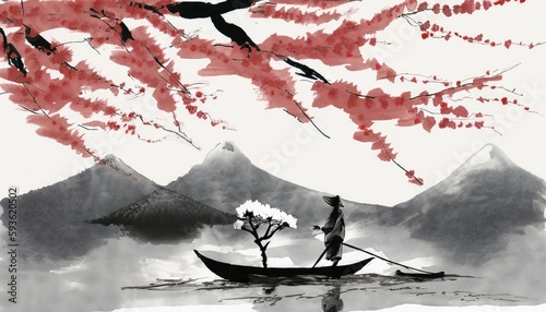 Print op canvas Japan traditional sumi-e painting