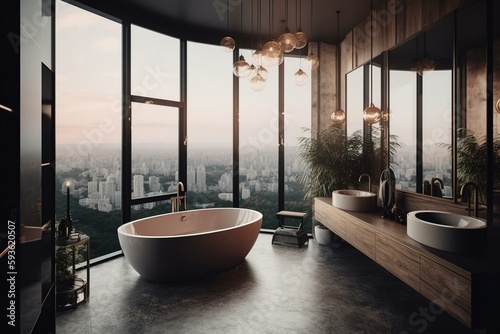 Luxury modern bathroom with a spectacular view. Generative AI