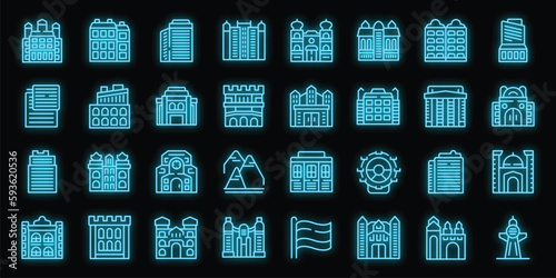 Vienna icons set outline vector. Opera house. Austria city neon color on black