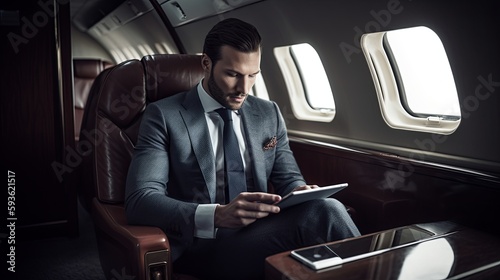Businessman working on a private jet during flight. Generative AI. © GustavsMD