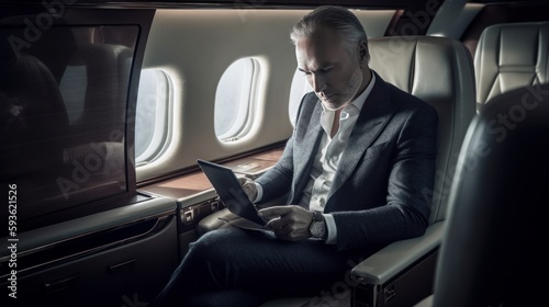 Businessman working on a private jet during flight. Generative AI.