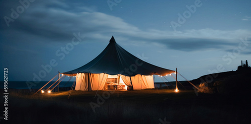 glamping tent under blue sky. luxury glamorous camping. glamping in the beautiful countryside. created using generative AI.
