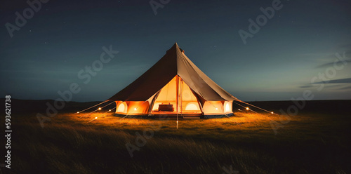 glamping tent under blue sky. luxury glamorous camping. glamping in the beautiful countryside. created using generative AI. 