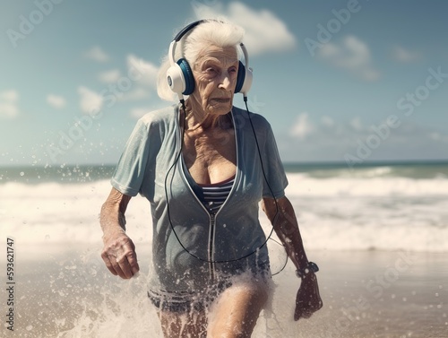 Sportliche oma rockt das training am strand mit musik, generative AI.