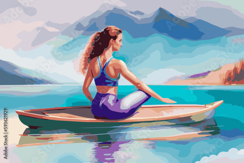 Vector graphics in the style of drawing with watercolor paints, the concept of a young pretty fictional girl of an athletic build in a boat floats on the river and admires the mountain landscape  © Lilia Ulizko