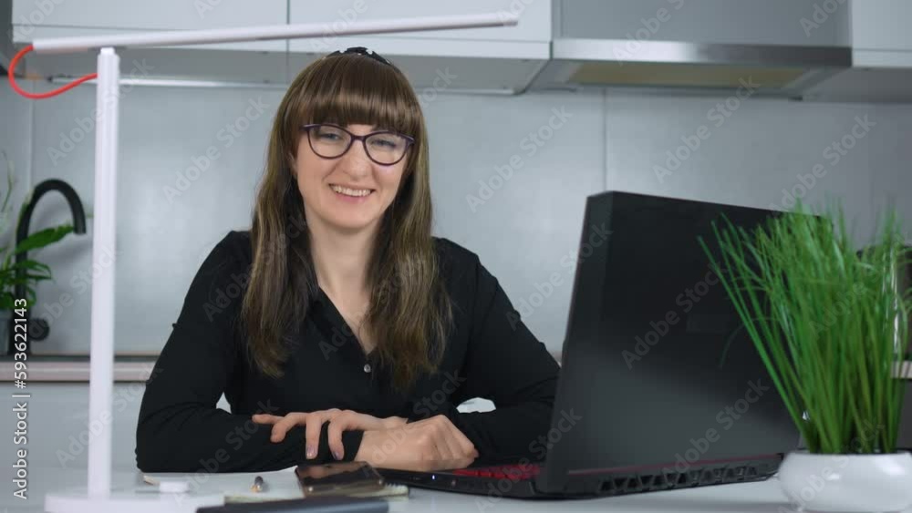 Smiling cheerfully satisfied young businesswoman looking at camera. Busy worker freelancer entrepreneur working home at kitchen in financial sphere Smiling cheerfully satisfied young businesswoman looking at camera. Busy worker freelancer entrepreneur working home at kitchen in financial sphere