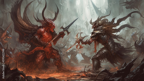 epic fight between demons created with Generative AI technology