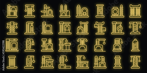Cats scratching post icons set outline vector. Tree tower. Play furniture neon color on black
