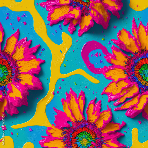 Colorful Psychedelic Seamless Impasto Flowers, 3d Flowers