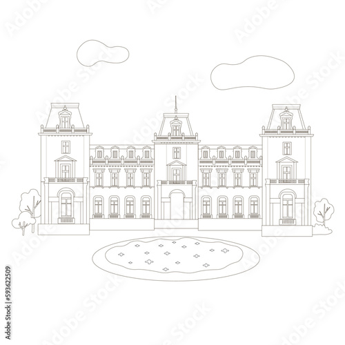 Ukraine house contours, black and white drawing.