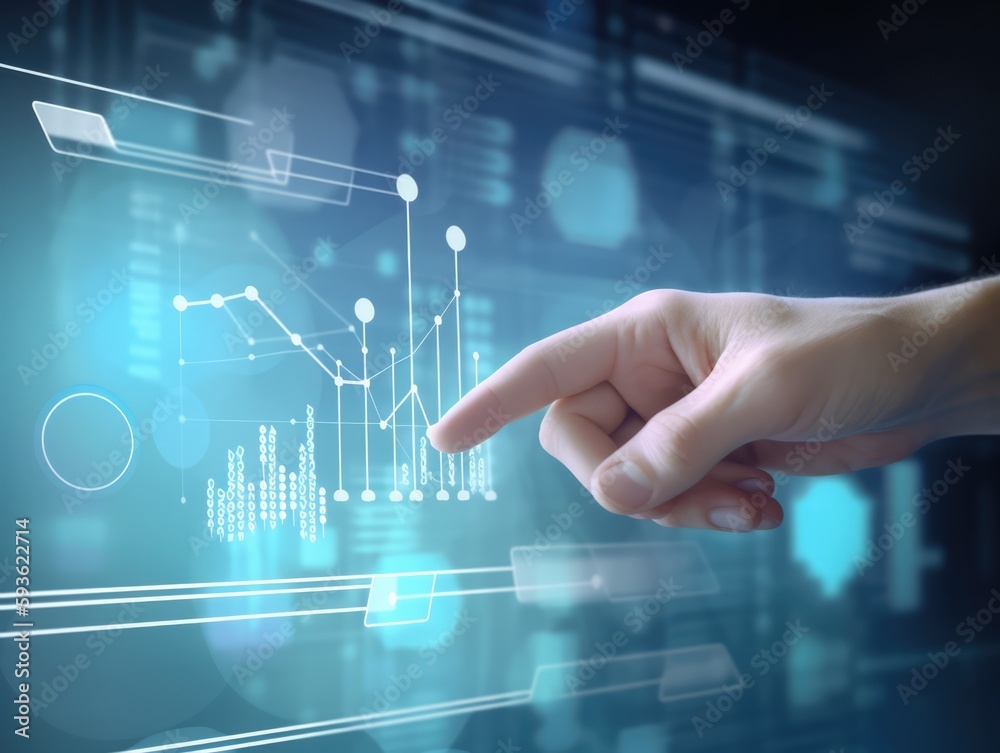 Man's hand using a futuristic interactive screen with business charts. AI generative. Man's hand using a futuristic interactive screen with business charts. AI generative.