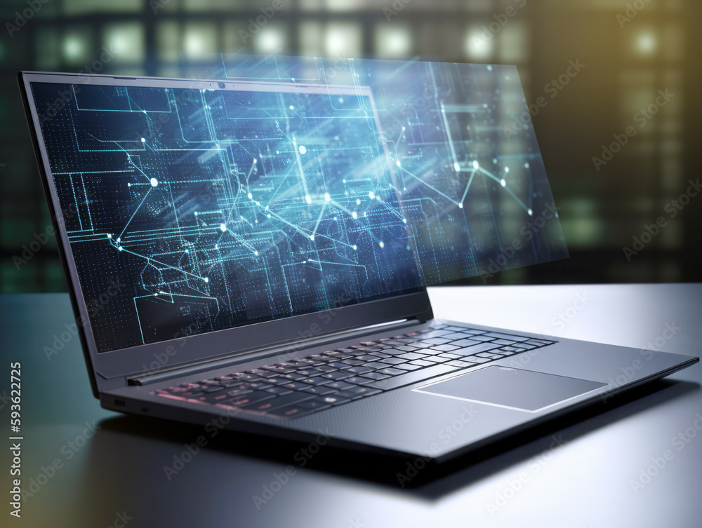 Laptop with futuristic screen floating. AI generative. Laptop with futuristic screen floating. AI generative.