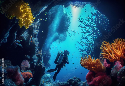 scuba diving in tropical ocean coral reef sea under water 