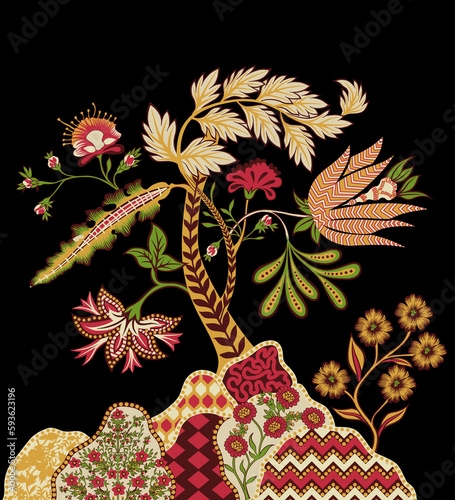 mughal art ethnic border geometrical background texture repeat pattern traditional flowers bouquets ornamental motifs botannical floral bunch photo