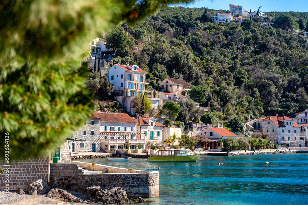 Small old resort town on the Adriatic coast in Montenegro, a popular summer vacation destination in Europe. Forte Rose village