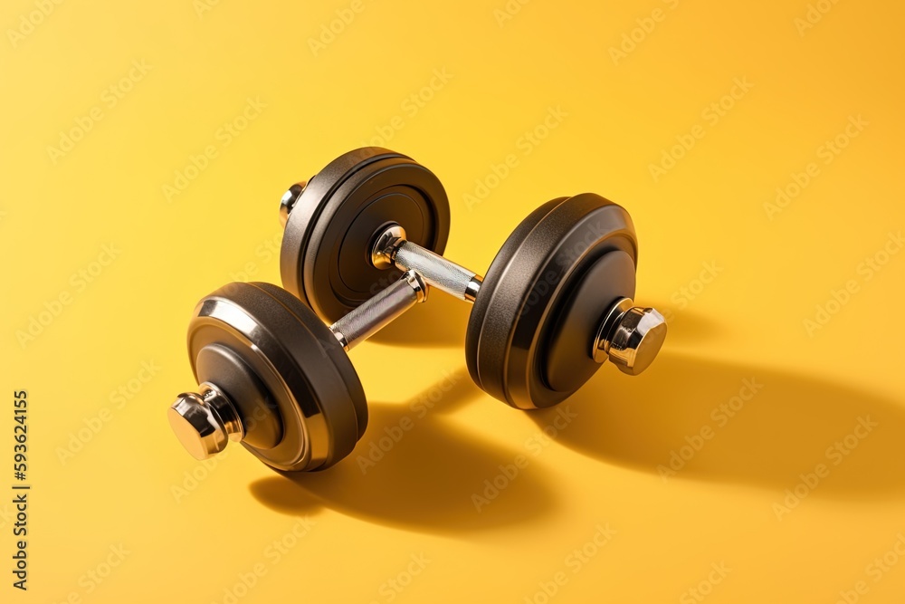 dumbbells on isolated yellow background dumbbells on isolated yellow background