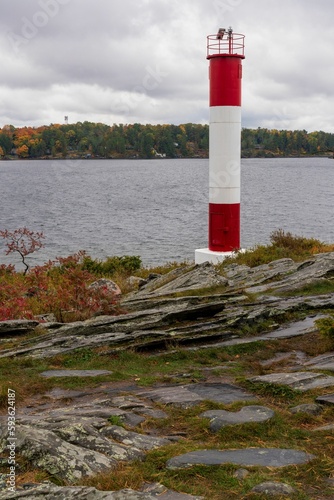 Vertical shot of the lighthouse point in the Killbear provincial park in Parry Sound, Canada photo