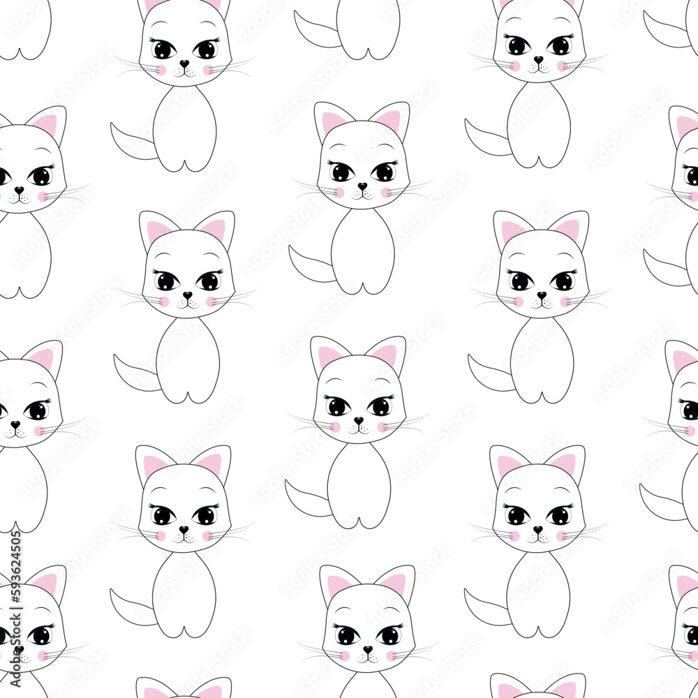 Seamless pattern with a cute cat on a white background.