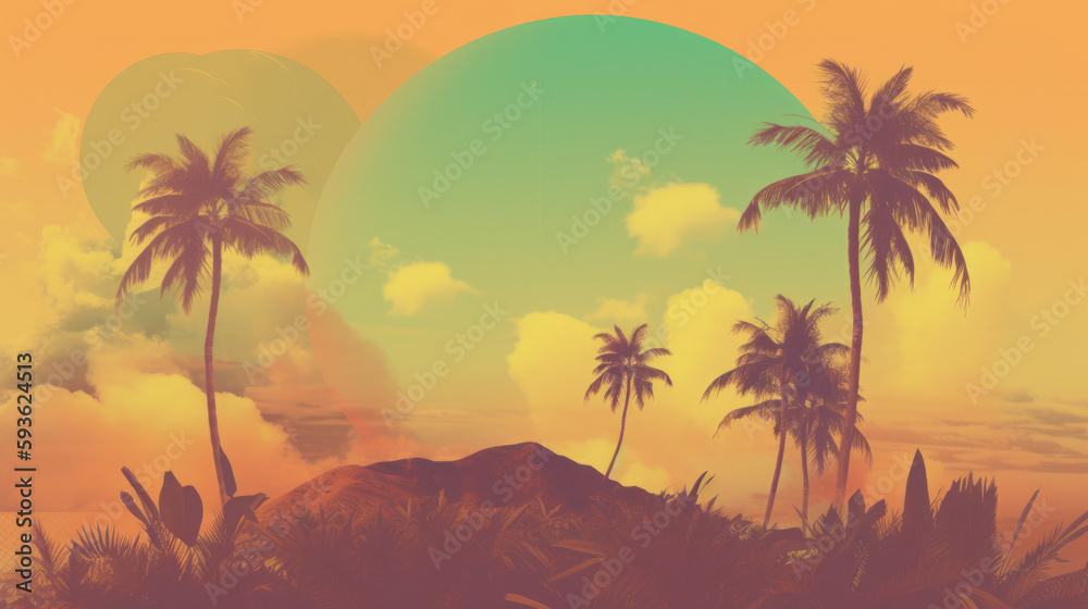 Drawing minimal tropical beach background. Retro tone color style. Summer holiday and travel vacation concept. Generative ai.