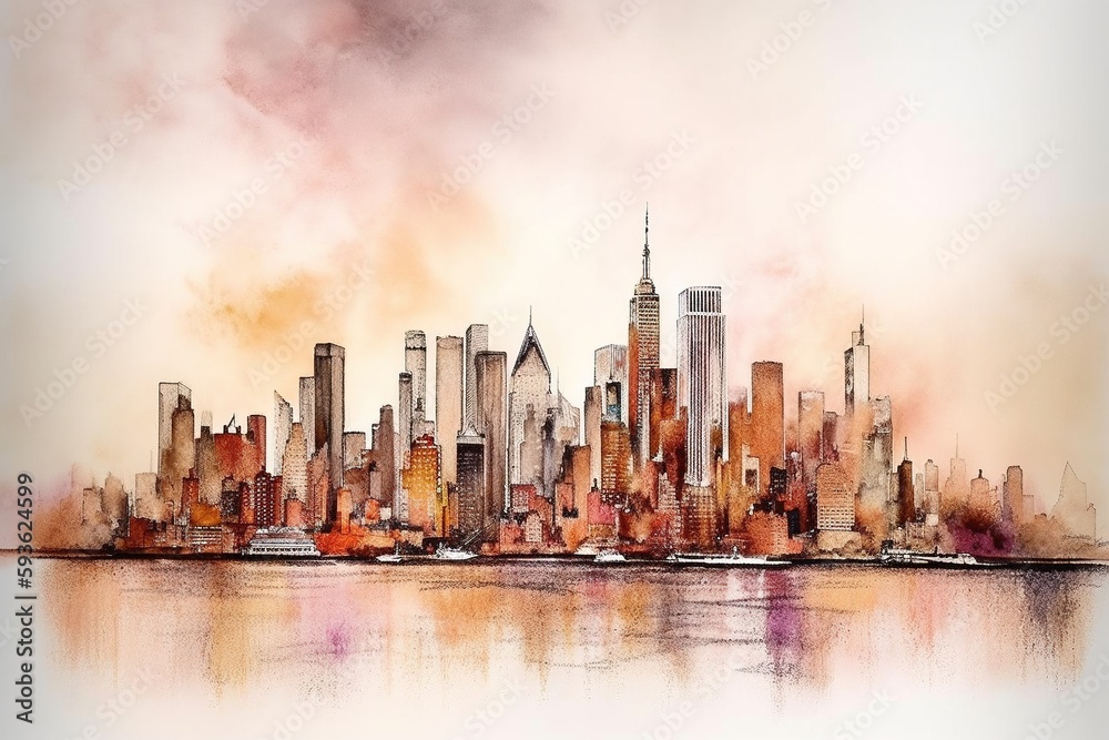 Obraz premium Watercolor Painting of New York City Wall Art Wallpaper