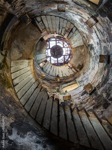 Looking up the interior former staircase of Ile aux Fouquets lighthouse ruin, Mauritius photo