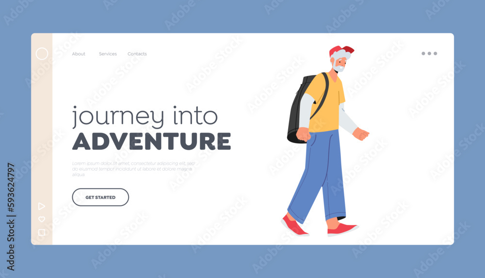 Old Person Engaged In Adventure Journey Landing Page Template. Senior Tourist Man Character Walking A Backpack