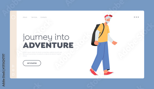 Old Person Engaged In Adventure Journey Landing Page Template. Senior Tourist Man Character Walking A Backpack © Hanna Syvak