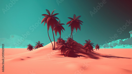 Drawing minimal tropical beach background. Retro tone color style. Summer holiday and travel vacation concept. Generative ai.