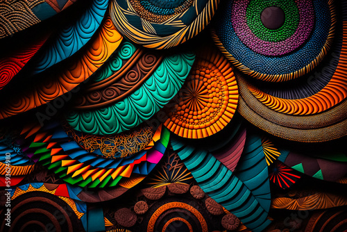 Arrière plan africain, wax, motifs géométriques, tissu d'Afrique - Motif textile wax ethnique - Texture de tissu décoratif aux couleurs vives - Générative IA