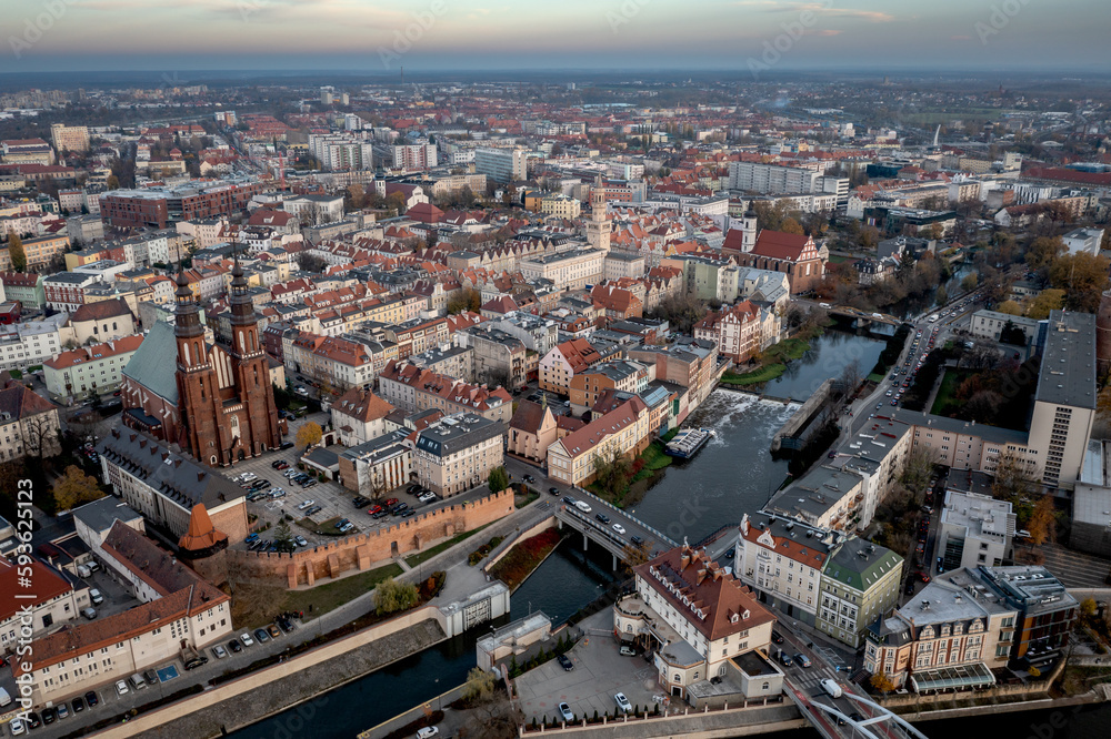 Opole, panorama of Old Town and Oder, cathedaral, water canal and city center.