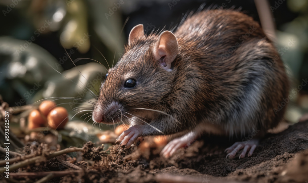 Photo of Brown rat in natural urban environment. The rat is frozen mid-movement, with its sharp claws digging into a discarded piece of food, showcasing its agility and resourcefulness. Generative AI Photo of Brown rat in natural urban environment. The rat is frozen mid-movement, with its sharp claws digging into a discarded piece of food, showcasing its agility and resourcefulness. Generative AI