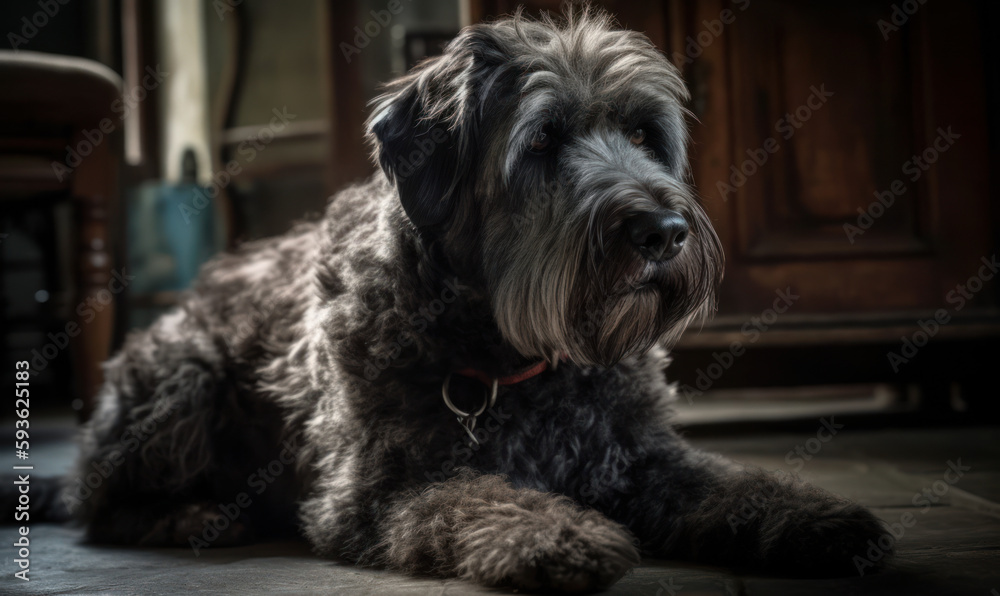 Bouvier des Flandres in domestic environment in comfortable everyday setting that highlights its loyal and loving personality. it's characteristic shaggy coat, alert expression is shown. Generative AI