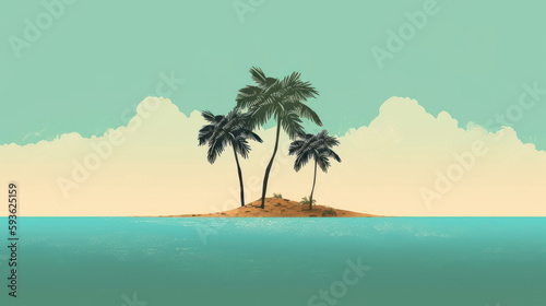 Drawing minimal tropical beach background. Retro tone color style. Summer holiday and travel vacation concept. Generative ai.