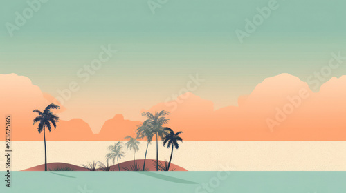 Drawing minimal tropical beach background. Retro tone color style. Summer holiday and travel vacation concept. Generative ai.