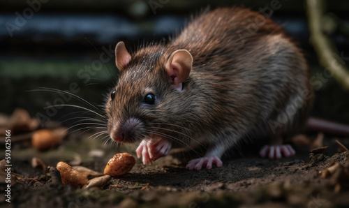 Photo of Brown rat in natural urban environment. The rat is frozen mid-movement, with its sharp claws digging into a discarded piece of food, showcasing its agility and resourcefulness. Generative AI