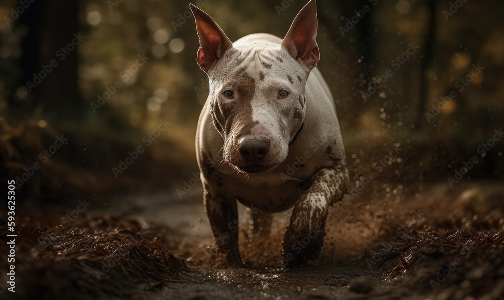 photo of Bull Terrier walking in muddy forest path. Generative AI