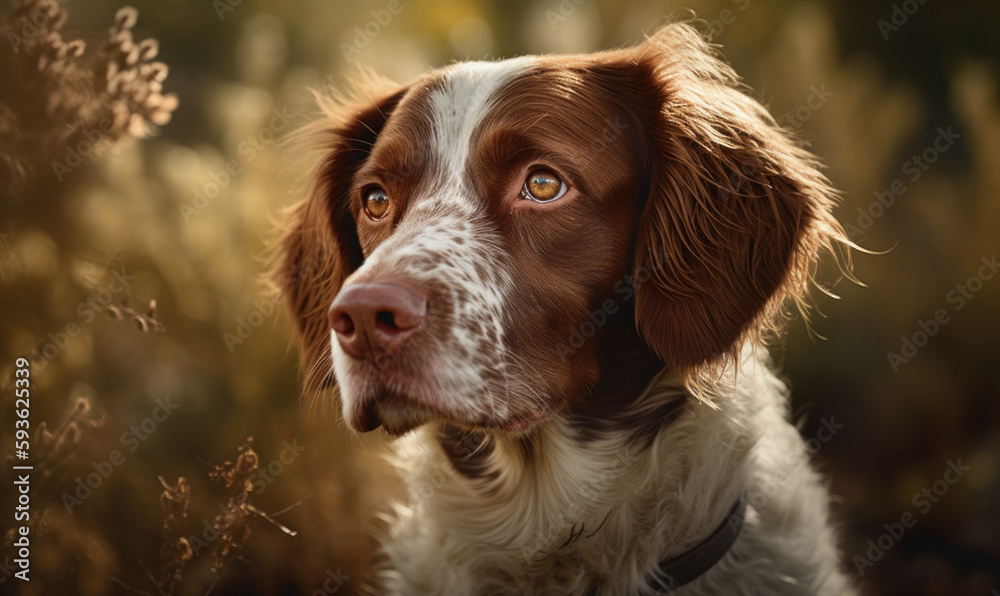 close up photo of Brittany spaniel on blurry forest background. Generative AI