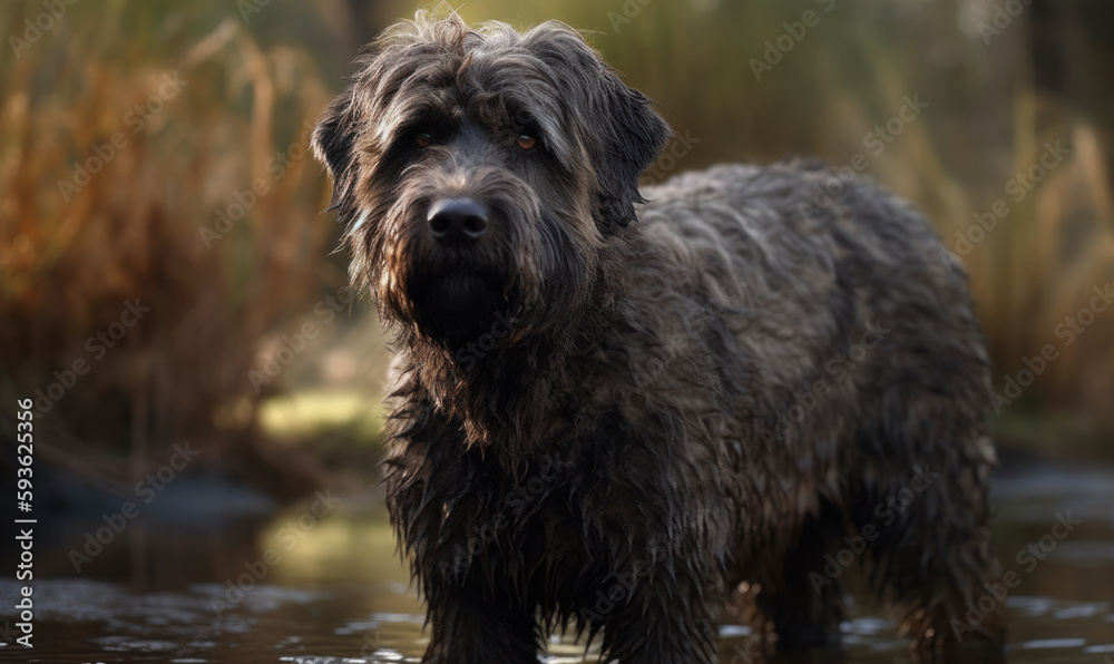 photo of bouvier des Flandres standing in water. Generative AI