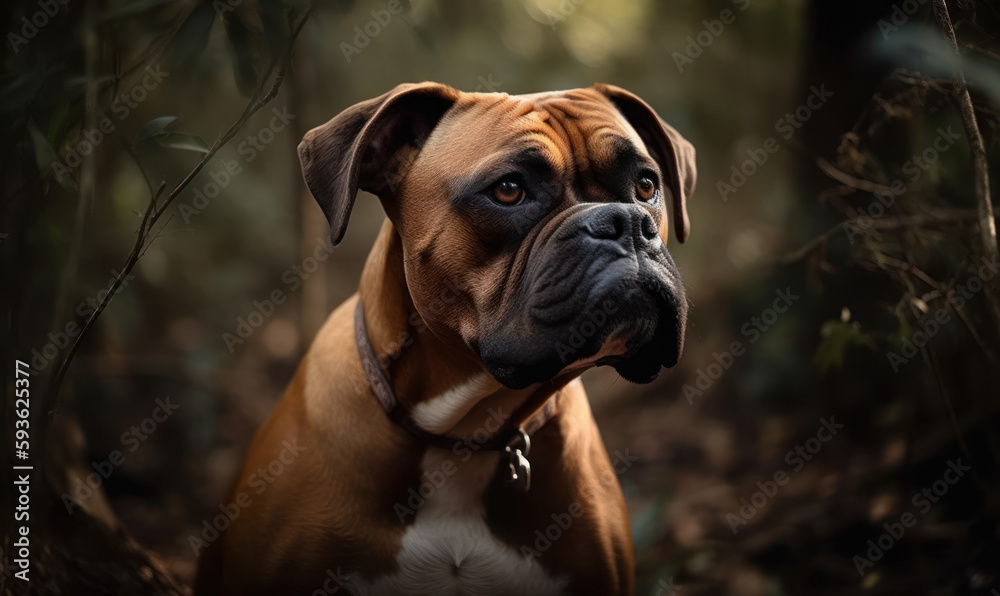 photo of Boxer dog in a forest. Generative AI
