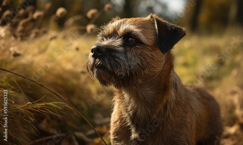 Photo of border terrier in a grassy meadow, with its fur blowing gently in the breeze during sunset. Generative AI