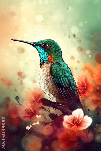 The Vibrant Hummingbird: A Colorful Painting of a Beautiful Bird © artefacti