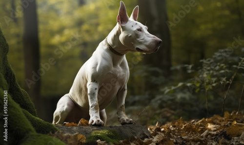 photo of sitting Bull Terrier in a green forest. Generative AI