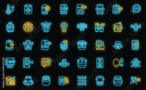 Smart assistant icons set outline vector. Smart voice. Digital music neon color on black