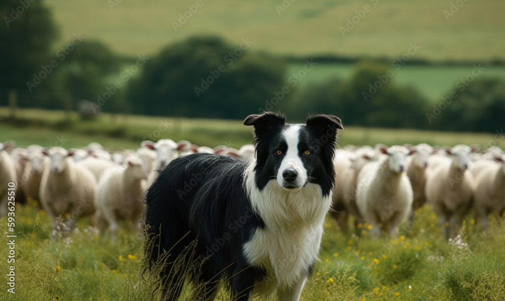 border collie standing in a lush green field on a bright and sunny day. The dog's alert gaze is fixed on a group of sheep grazing in the distance. Generative AI